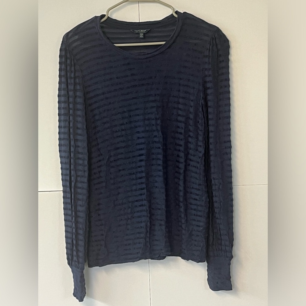 Lucky Brand Stripe Long Sleeve Shirt Top Sheer Crew Neck Navy Blue Viscose M
